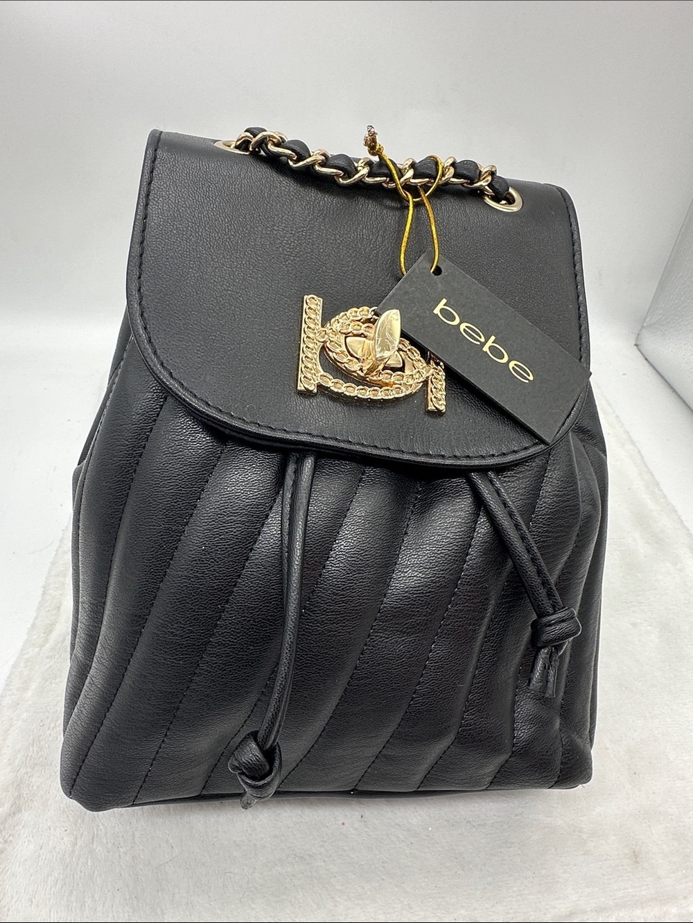 bebe NWT Hera Sm Backpack Quilted Black W/ Gold Chain Faux Supple Leather